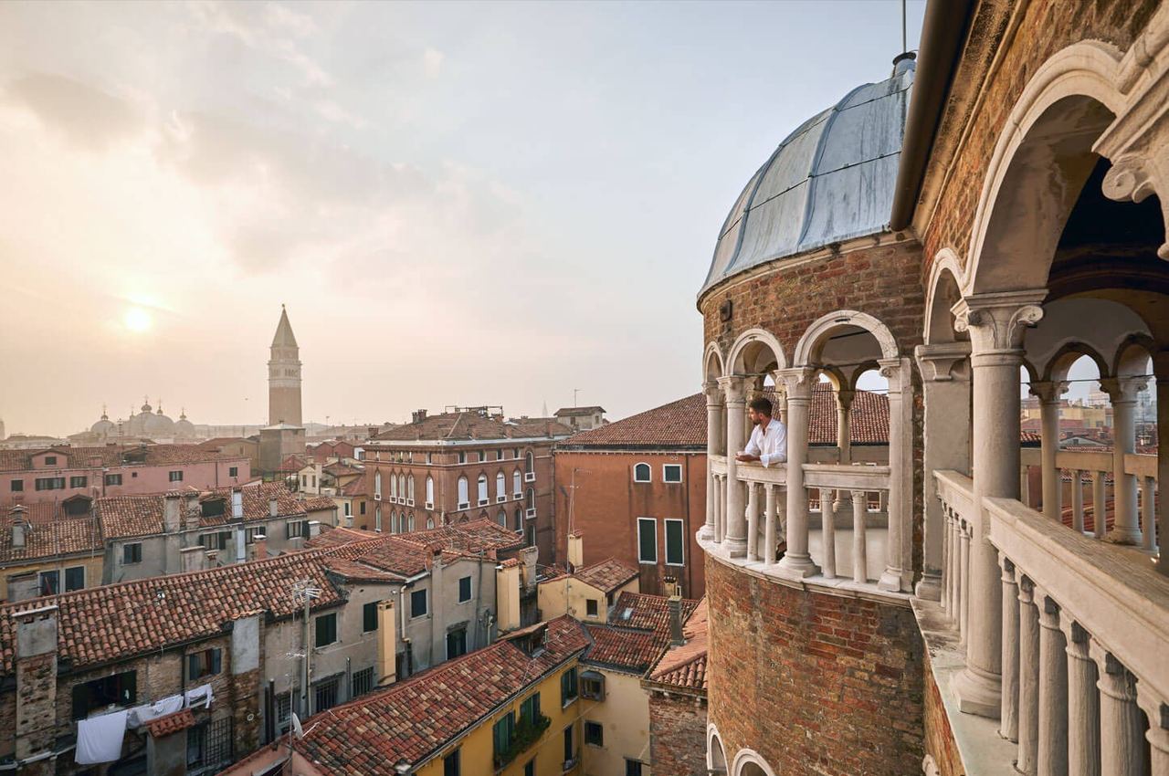 The top loggia of the Scala Contarini del Bovolo, looking over the roofs to the Campanile