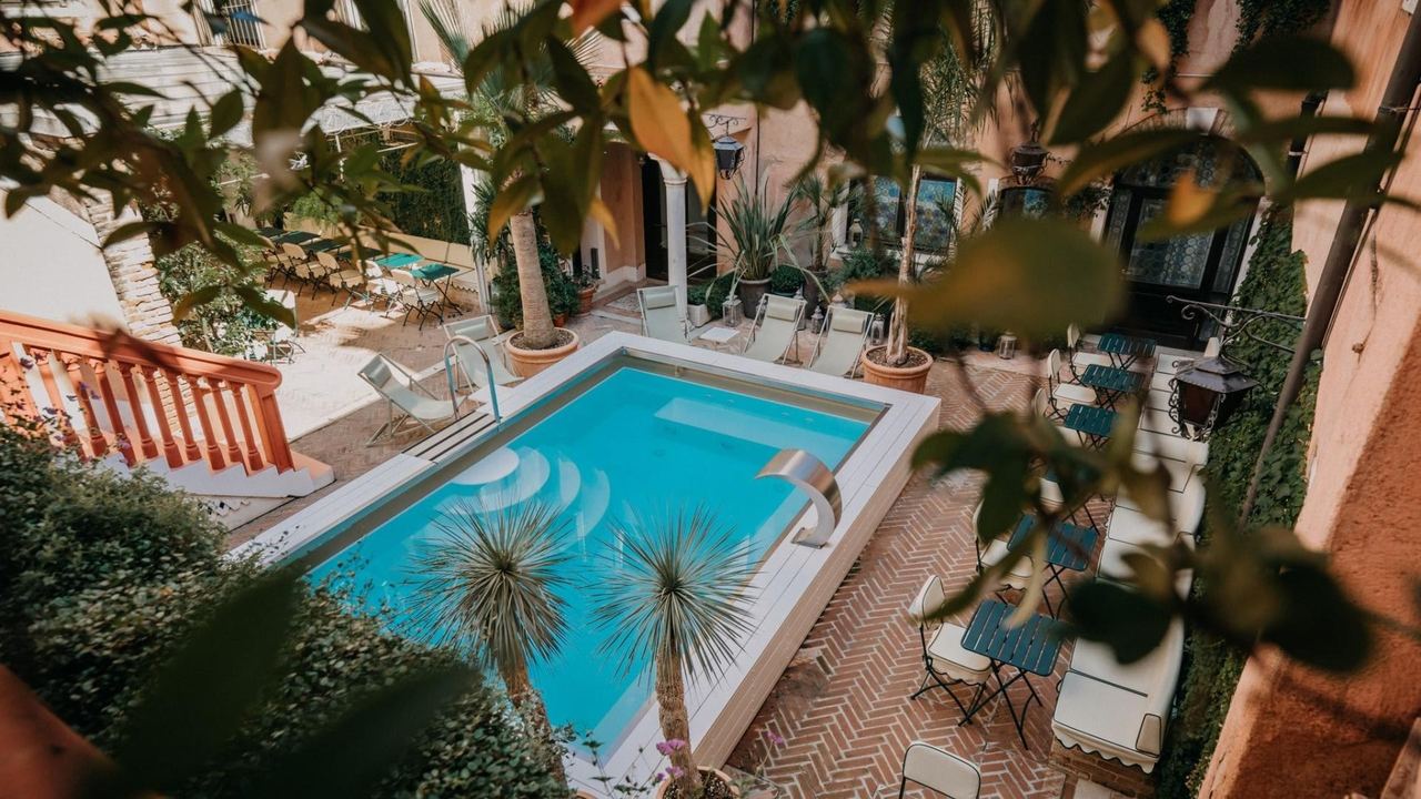 The courtyard pool of Hotel Giorgione, seen through the garden leaves